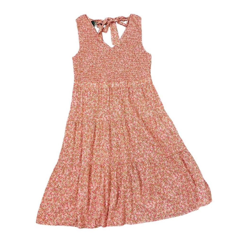 Wonderly Maxi Dress Women's XL Pink Red Cotton Floral Midi Smocked Tie Back Boho - Picture 9 of 13
